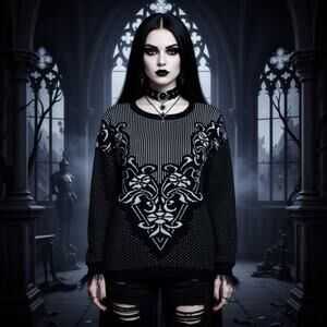 Vintage 80s USA Kate Collins Women L Sweater Gothiccore Knit Retro Black White